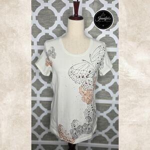 3/$30 Zenergy by Chico's Beaded Butterfly Print Crew Neck Top Size 1=M/8